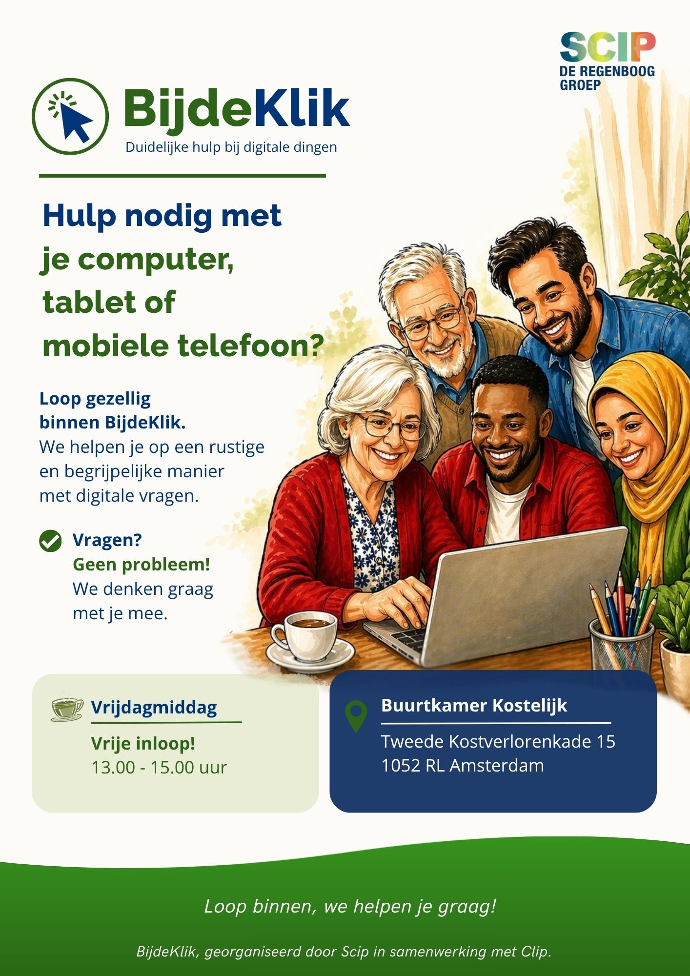 Affiche over hulp bij digitale dingen: computer, tablet of mobiele telefoon.